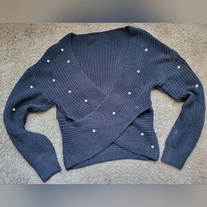 SHEIN Black V-Neck Sweater with Pearl Details